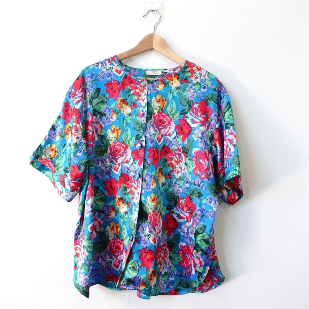 VINTAGE Floral Top Large Blue Blouse Tunic‎ Red Rose Allover Boho Garden Satin